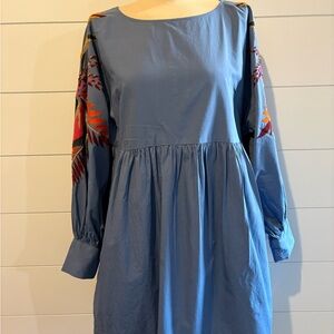 Free People Blue Dress with Colorful Embroidered Sleeves